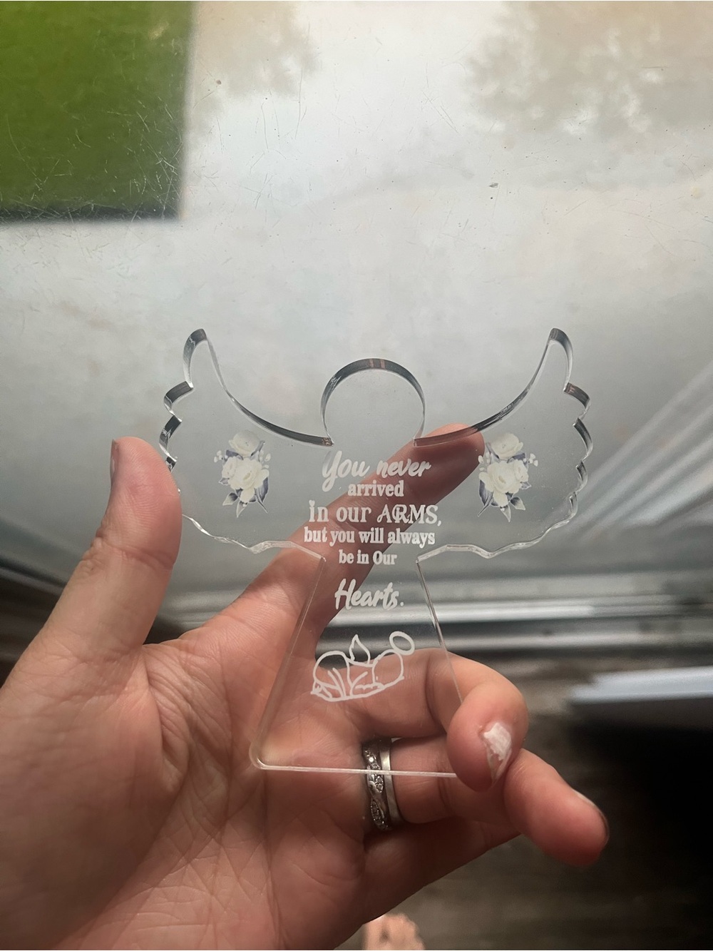 Clear Acrylic Angel Memorial Ornament - White Accents